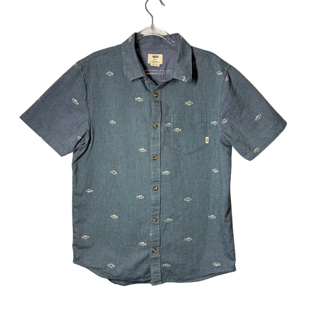 VANS Men's Fish Print Short Sleeve Button-Down Shirt sz S